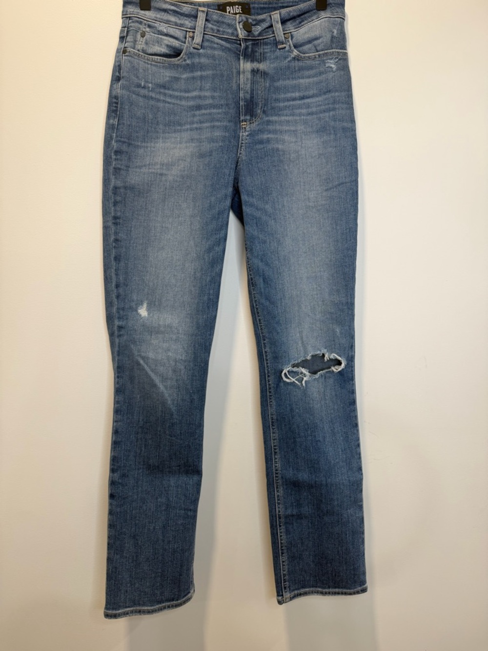 PAIGE Medium Blue Distressed Straight Leg Jeans